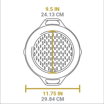 Dimensional drawing of product. Width of flat bottom is 9.5 inches, total length is 11.75 inches.