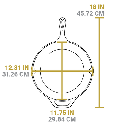 Dimensional drawing of product. Total length of skillet including handles is 18 inches, width of cooking area from pour spout to pour spout is 12.31 inches, length of cooking area is 11.75 inches.
