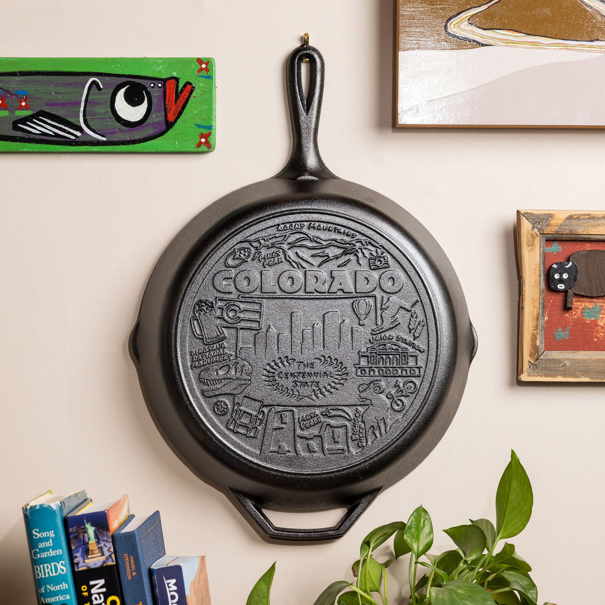 Cast iron skillet with 'Colorado' engraving hung on a wall with books and a plant below.