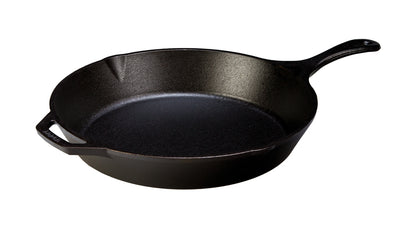 Black skillet with a long handle, loop handle, and 2 pour spouts.