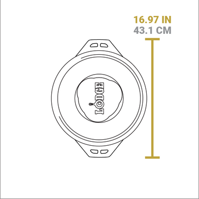Dimensional drawing of product. The griddle/grill pan portion width including handles is 16.97 inches.