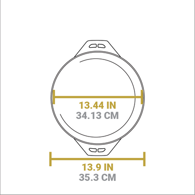 Dimensional drawing of product. The griddle/grill pan portion length is 13.9 inches, length of cooking surface is 13.44 inches.