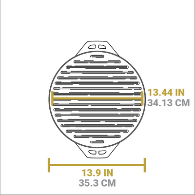 Dimensional drawing of product. The griddle/grill pan portion length is 13.9 inches, length of cooking surface is 13.44 inches.