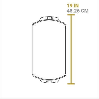 Dimensional drawing of product. Length from handle to handle is 19 inches.