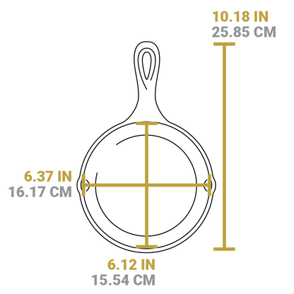 Dimensional drawing of product. Total length including handle is 10.18 inches, width of cooking surface from pour spout to pour spout is 6.37 inches, length of cooking surface is 6.12 inches.