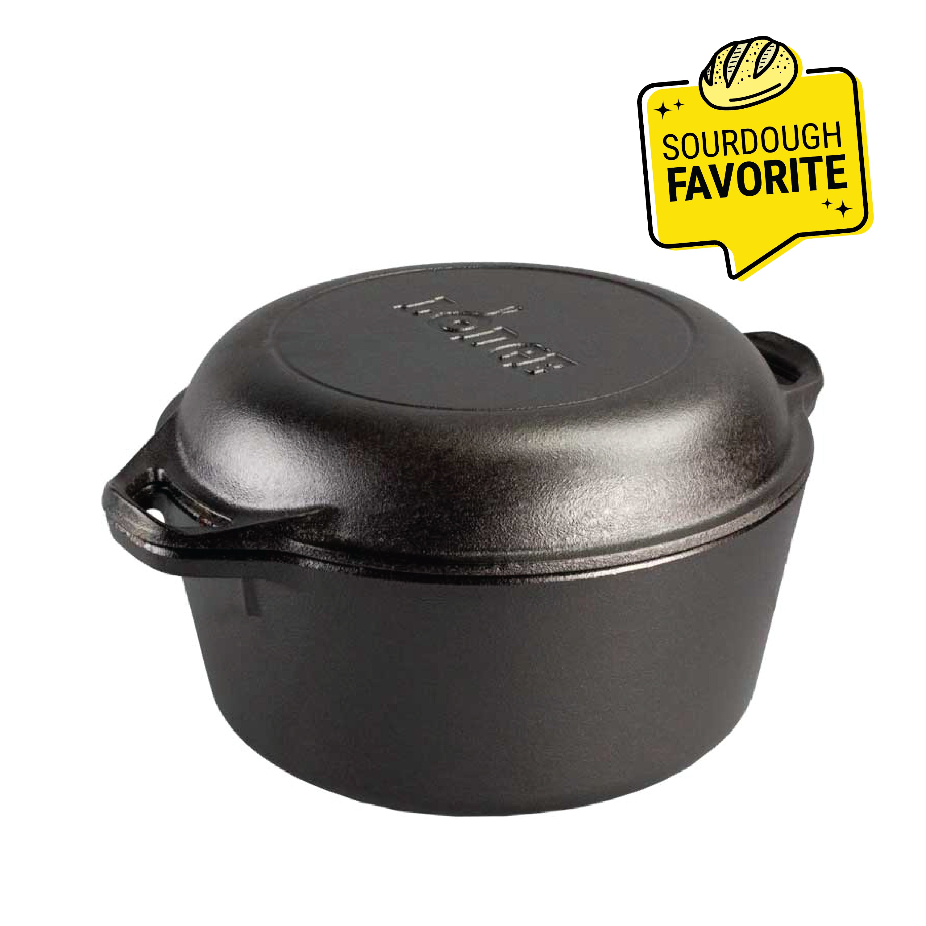 Black cast iron Dutch oven with a lid on a white background, featuring a 'Sourdough Favorite' badge.