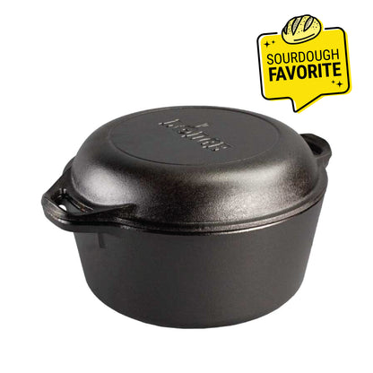 Black cast iron Dutch oven with a lid on a white background, featuring a 'Sourdough Favorite' badge.