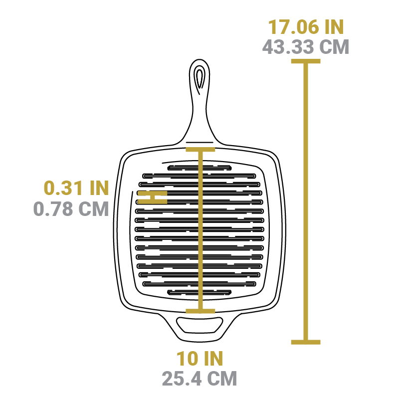 Dimensional drawing of product.  Total length is 17.06 inches, length of cooking surface is 10 inches, space between grill lines is 0.31 inches.