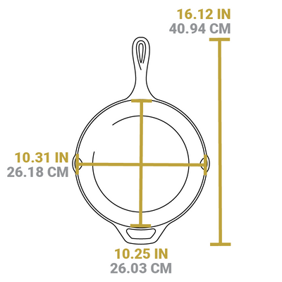 Dimensional drawing of product. Total length including handles is 16.12 inches, width of cooking surface from pour spout to pour spout is 10.31 inches, length of cooking surface is 10.25 inches.