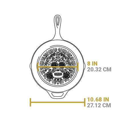 Dimensional drawing of product. Width of flat bottom is 8 inches, total width is 10.68 inches.