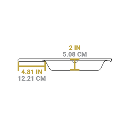 Dimensional drawing of product. Length of handle is 4.81 inches, depth of cooking surface is 2 inches.