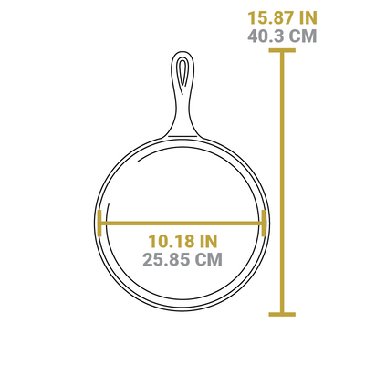 Dimensional drawing of product. Length of product is 15.87 inches, width of cooking surface is 10.18 inches.