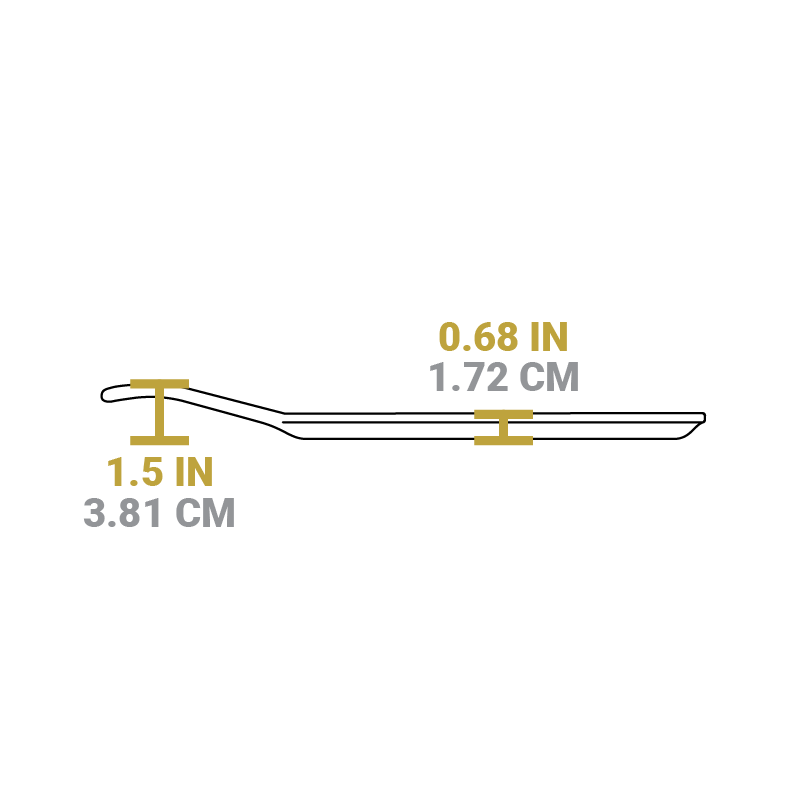 Dimensional drawing of griddle. Height of cooking surface is 0.68 inches, height of handle from bottom is 1.5 inches.