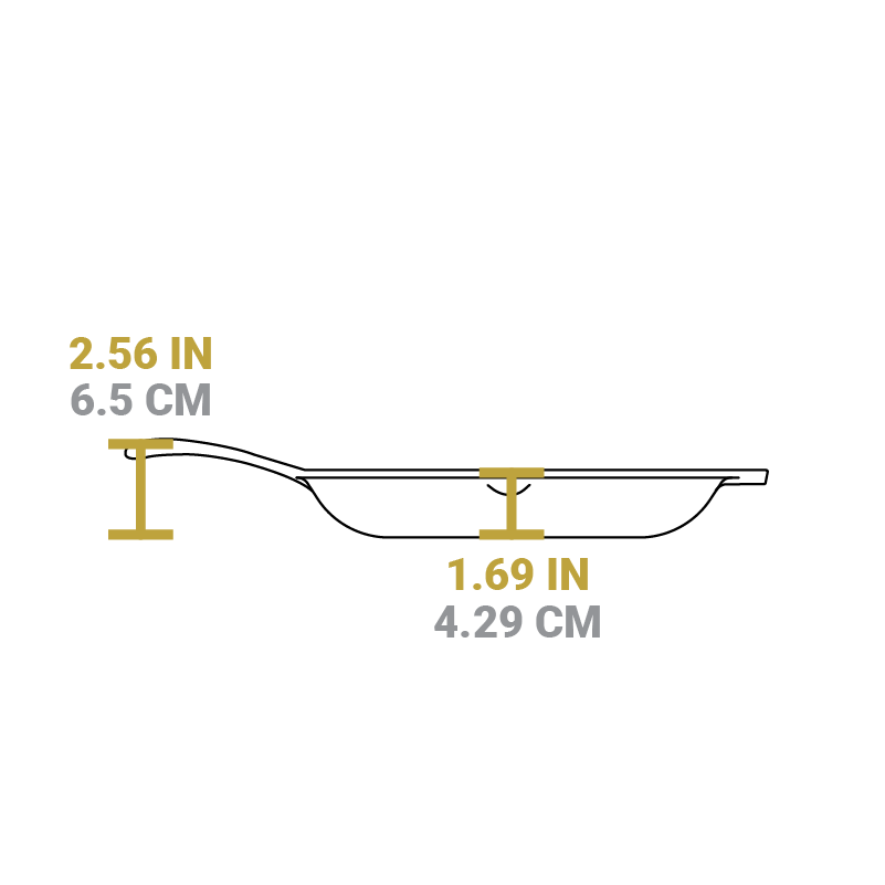 Measurement chart showing dimensions of the product. Height of cooking surface is 1.69 inches. total height including handle is 2.56 inches.