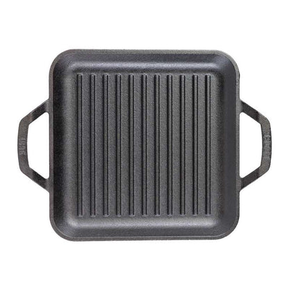 Top view of pan featuring grill lines, square shape, and rounded corners.