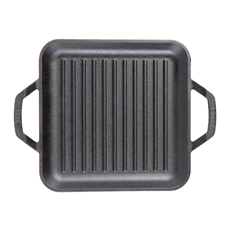 Top view of pan featuring grill lines, square shape, and rounded corners.