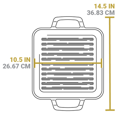 Dimensional drawing of product. Width of pan including handles is 14.5 inches, length of cooking surface is 10.5 inches.