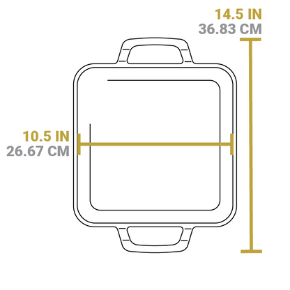 Dimensional drawing of product. Total width including handles is 14.5 inches, length of cooking surface is 10.5 inches.