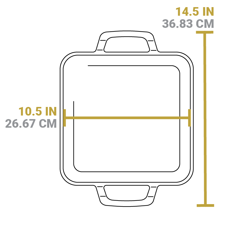 Dimensional drawing of product. Total width including handles is 14.5 inches, length of cooking surface is 10.5 inches.