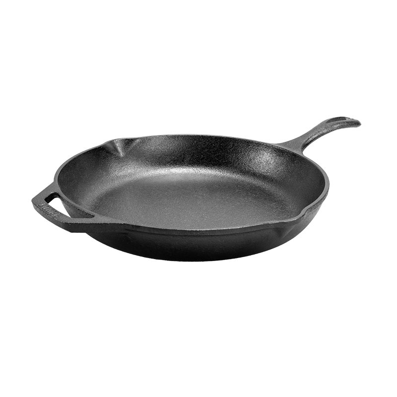 Black cast iron skillet with long handle and loop handle on opposite sides, along with 2 pour spots.