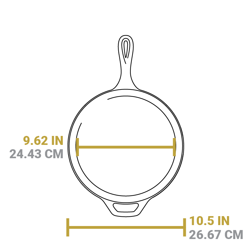 Dimensional drawing of skillet piece. Total width is 10.5 inches, width of cooking surface is 9.62 inches.