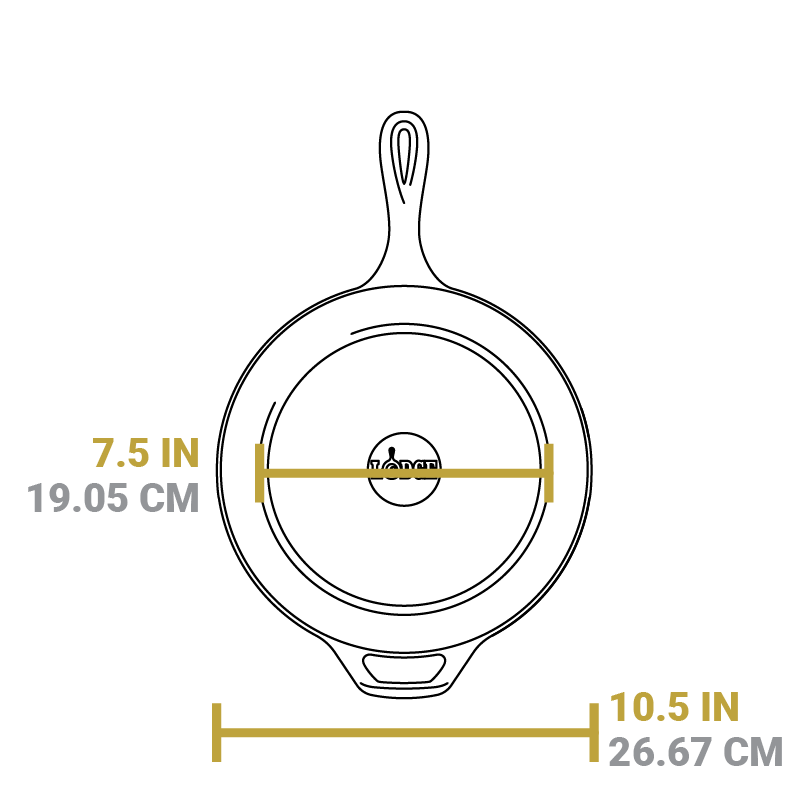 Dimensional drawing of deep skillet portion. Total width is 10.5 inches, width of flat bottom is 7.5 inches.