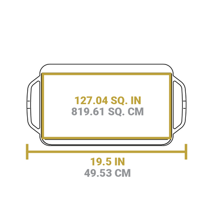 Dimensional drawing of product.  Full width is 19.5 inches, cooking area is 127.04 square inches.