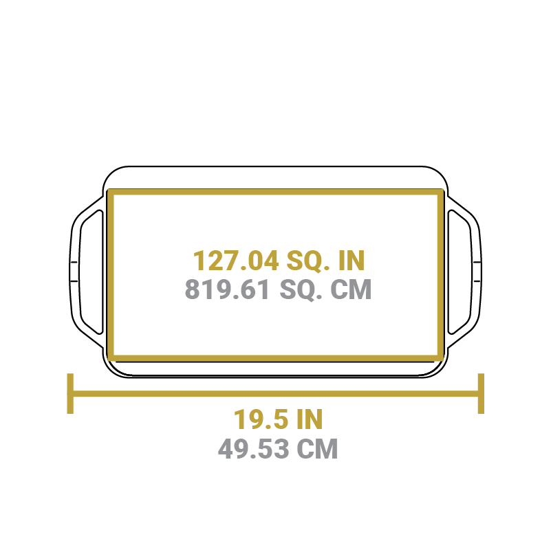 Dimensional drawing of product.  Full width is 19.5 inches, cooking area is 127.04 square inches.