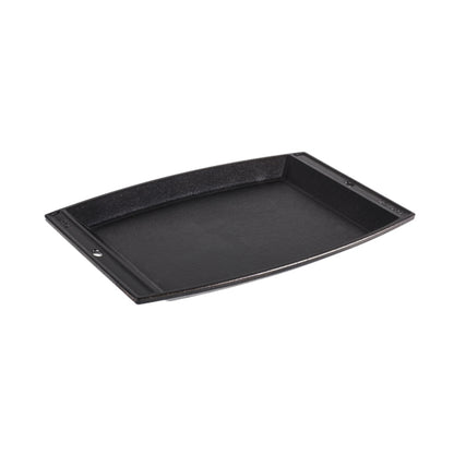 Black griddle shaped similar to a tray, with slightly rounded sides.