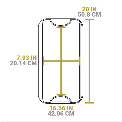 Dimensional drawing of product. Width of griddle is 16.56 inches, length is 7.93 inches, total width including handles is 20 inches.