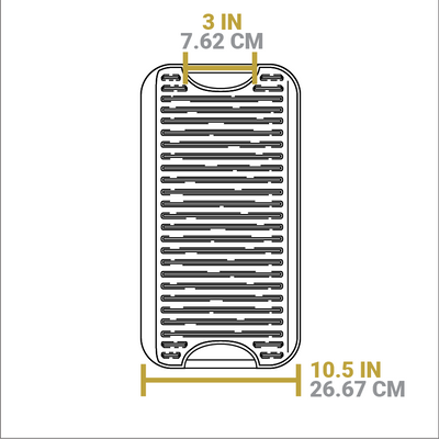 Dimensional drawing of product. Width of handle is  inches, total length is 10.5 inches.