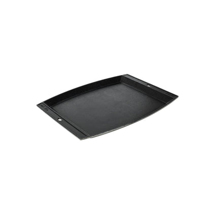 Black griddle shaped similar to a tray, with slightly rounded sides.