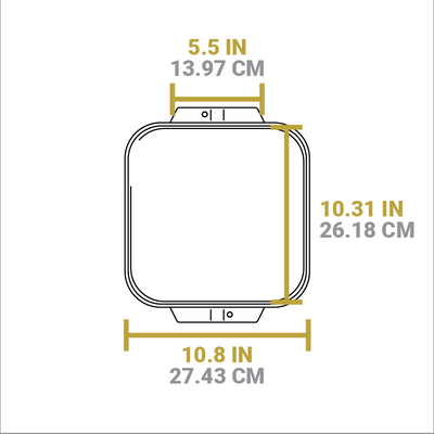 Dimensional drawing of product. Width of cooking surface is 10.31 inches, length of cooking surface is 10.8 inches, width of handle is 5.5 inches.
