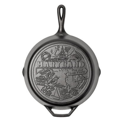 Cast iron skillet with the bottom engraved with beloved icons and monuments from Maryland.