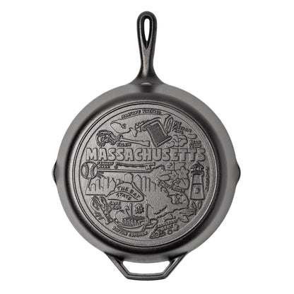 Cast iron skillet with the bottom engraved with beloved icons and monuments from Massachusetts.