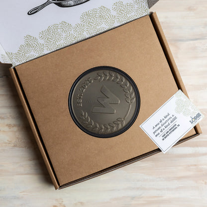 Sample Custom skillet in packaging, with a hole in the middle to display design.