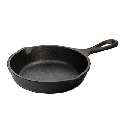 Cast iron skillet with one long handle, there's a pour spout on the left and right side.