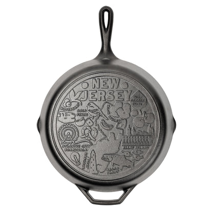 Cast iron skillet with the bottom engraved with beloved icons and monuments from New Jersey.