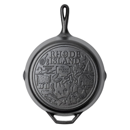 Cast iron skillet with the bottom engraved with beloved icons and monuments from Rhode Island.