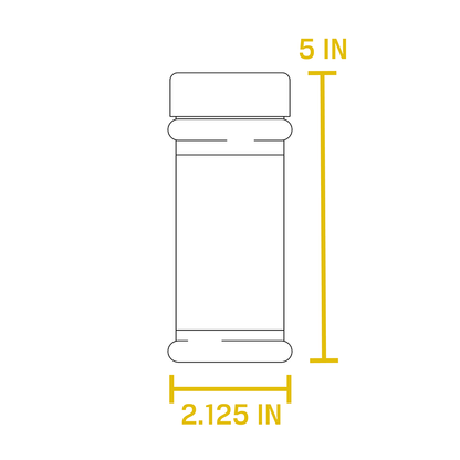 Dimensional drawing of product. Height of bottle is 5 inches, width of bottle is 2.125 inches.