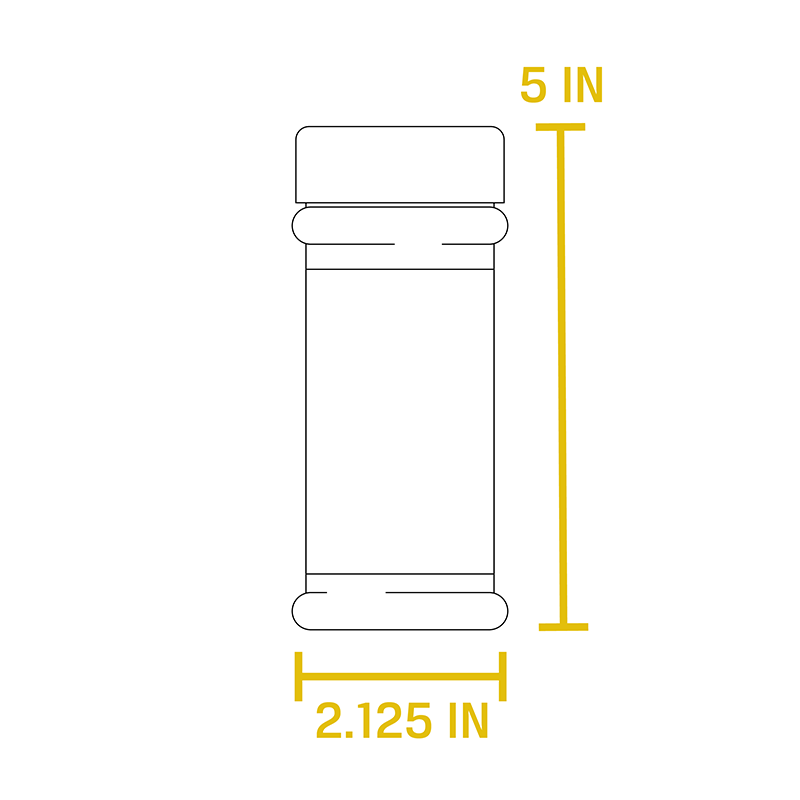 Dimensional drawing of product. Height of bottle is 5 inches, width of bottle is 2.125 inches.