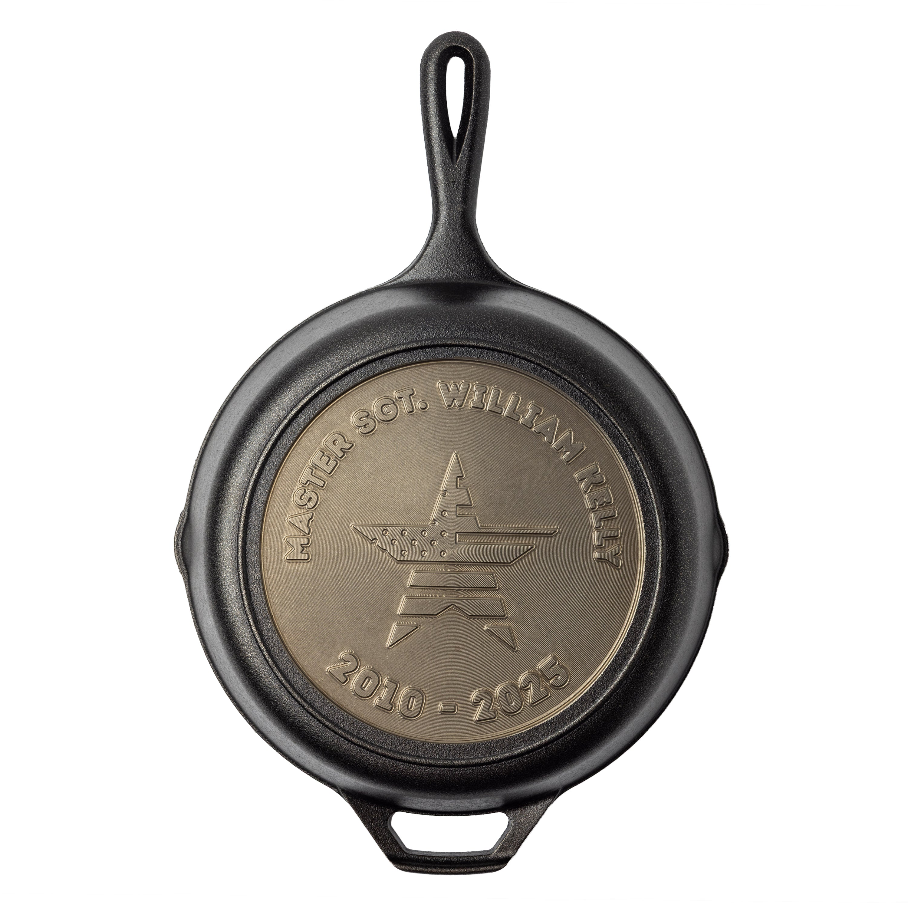 Personalized skillet featuring a star with an American Flag pattern in the center with two editable text fields on the top and bottom arc's.