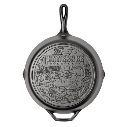 Cast iron skillet with the bottom engraved with beloved icons and monuments from Tennessee.
