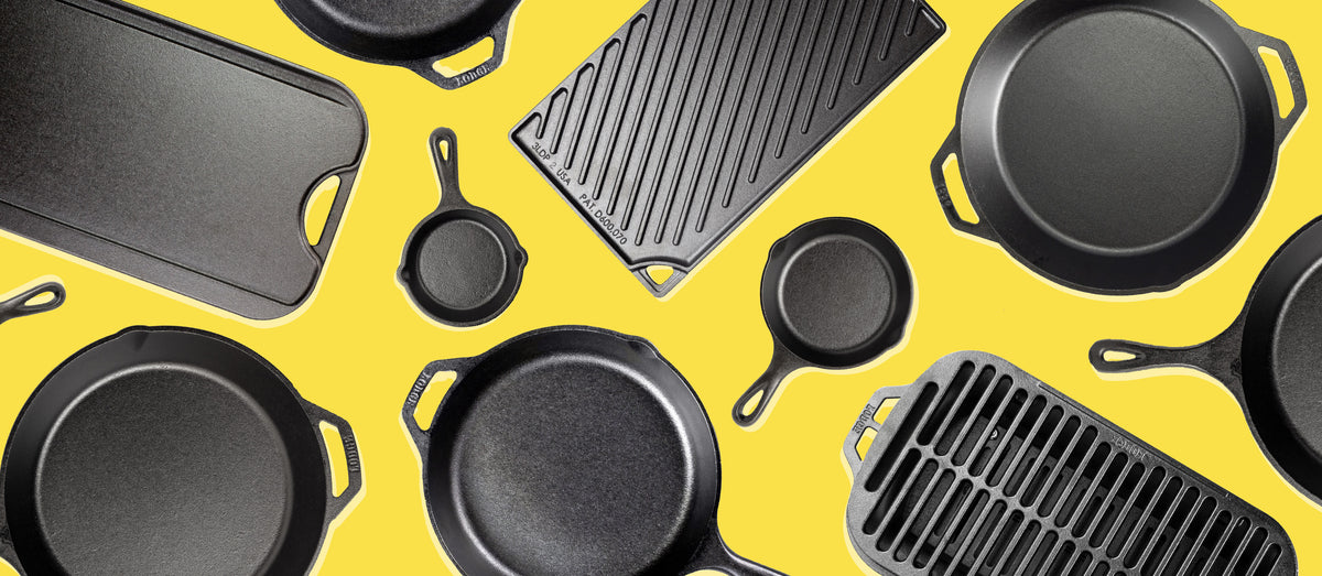 An assortment of black cast iron cookware, including skillets, sauteries, and griddles, arranged in a flat-lay pattern on a bright yellow background.