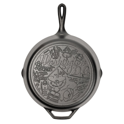 Cast iron skillet with the bottom engraved with beloved icons and monuments from Washington D.C..