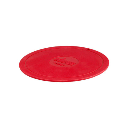 Red circular trivet with Lodge branding in center.