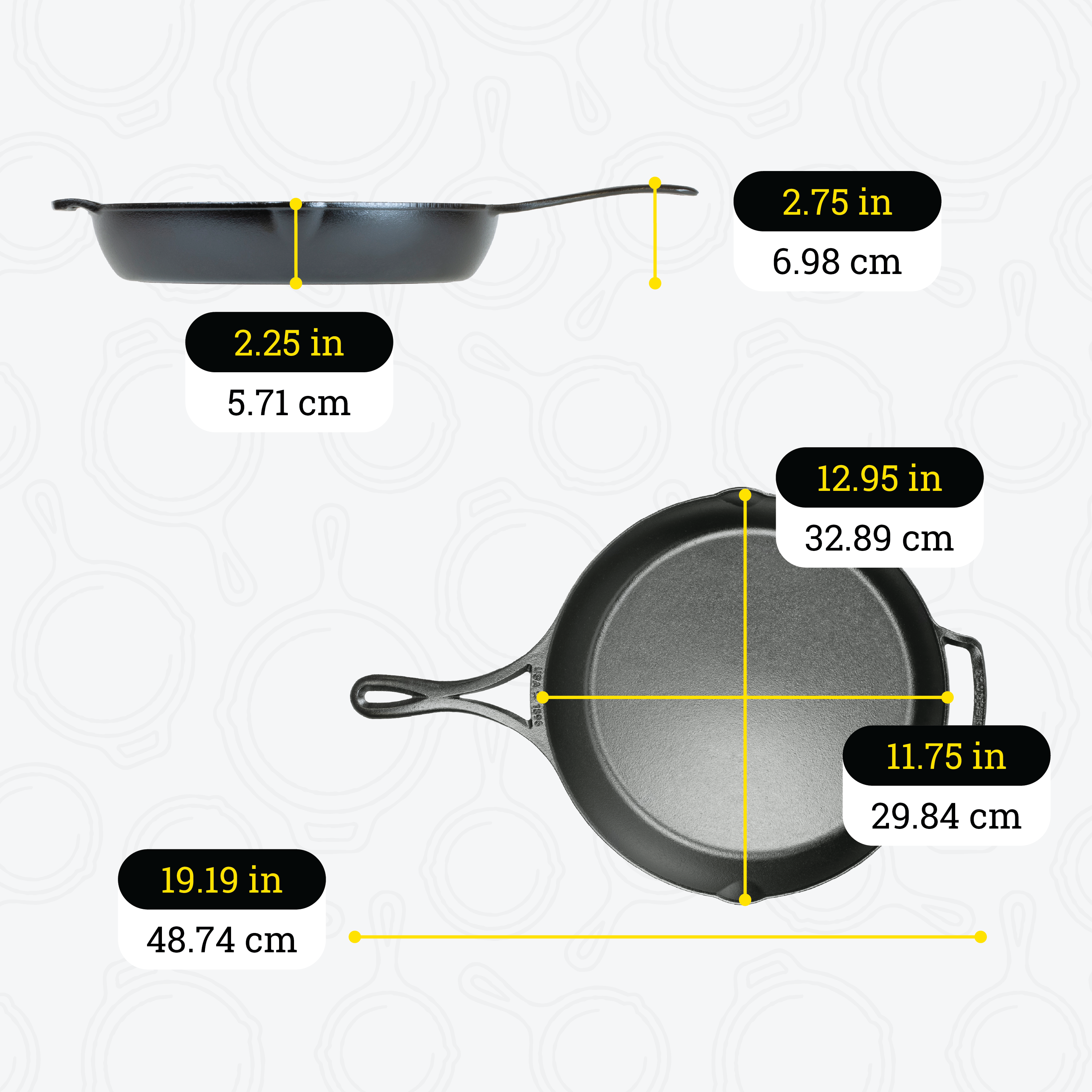 Dimensional drawing of 12 inch skillet. Total length including handle is 19.19 inches, length of cooking surface is 11.75 inches, and width of cooking surface from pour spout to pour spout is 12.95 inches, depth of cooking surface is 2.25 inches, height of handle from bottom is 2.75 inches, total width is 12.95 inches.
