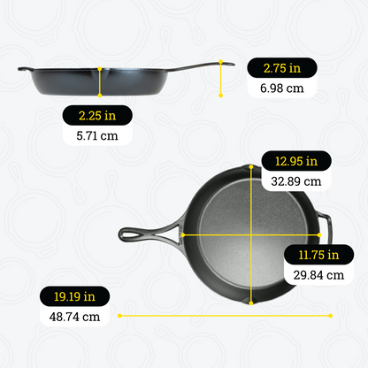 Dimensional drawing of 12 inch skillet. Total length including handle is 19.19 inches, length of cooking surface is 11.75 inches, and width of cooking surface from pour spout to pour spout is 12.95 inches, depth of cooking surface is 2.25 inches, height of handle from bottom is 2.75 inches, total width is 12.95 inches.