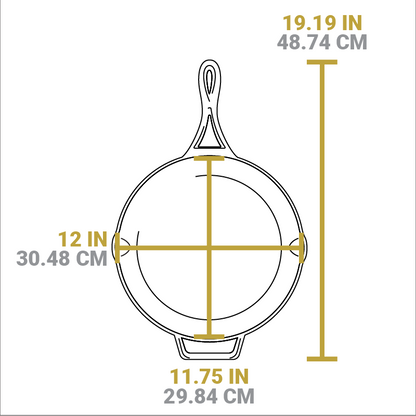 Dimensional drawing of product. Total length including handle is 19.19 inches, length of cooking surface is 11.75 inches, and width of cooking surface from pour spout to pour spout is 12 inches.