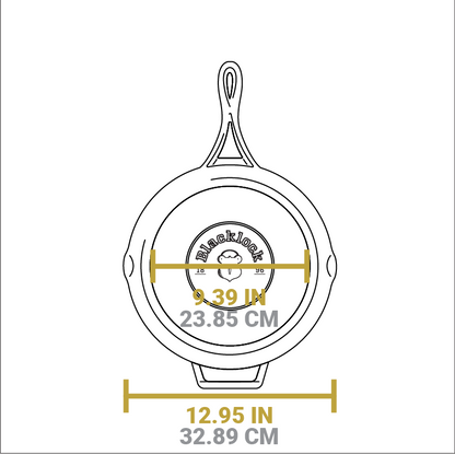 Dimensional drawing of product. Width of flat bottom is 9.39 inches, total width is 12.95 inches.